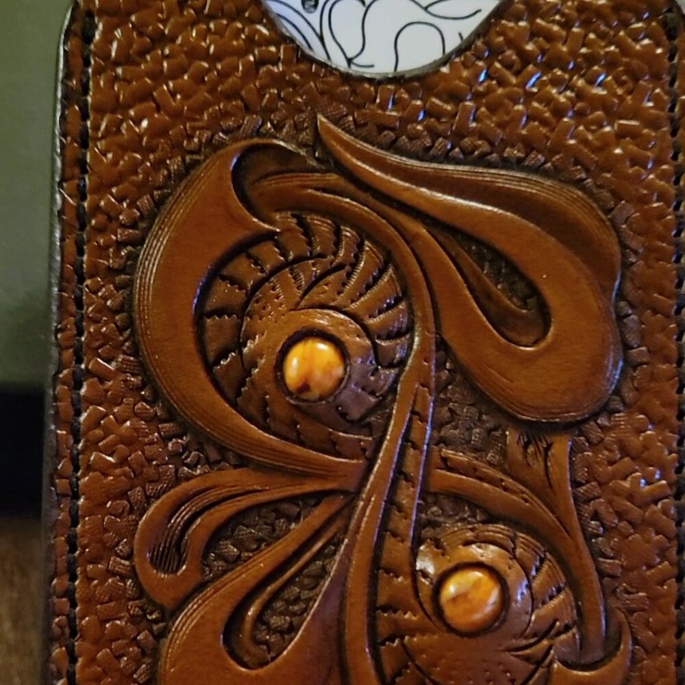 Leather Inlay with Orange Mohave Turquoise and Orange Stingray--- Card Holder